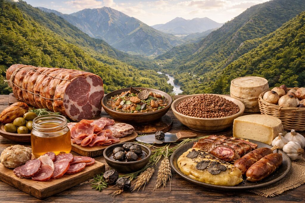 prodotti tipici di norcia alimentari in tavola